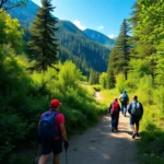 Hiking activity in lush Indonesian mountain terrain with explorers enjoying nature’s beauty.