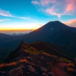 Hiker admiring the majestic Mt. Rinjani summit at sunrise, showcasing volcanic landscape and lush surroundings.