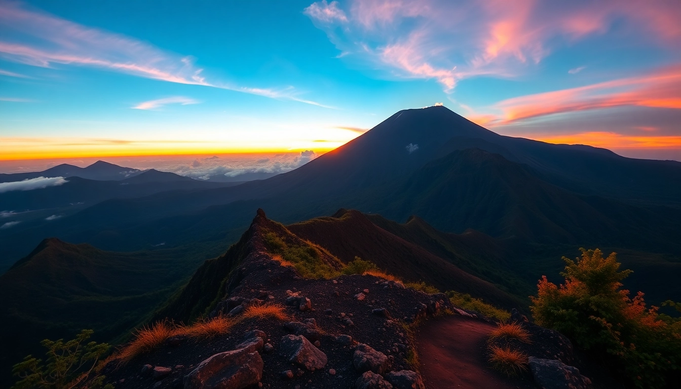 Hiker admiring the majestic Mt. Rinjani summit at sunrise, showcasing volcanic landscape and lush surroundings.