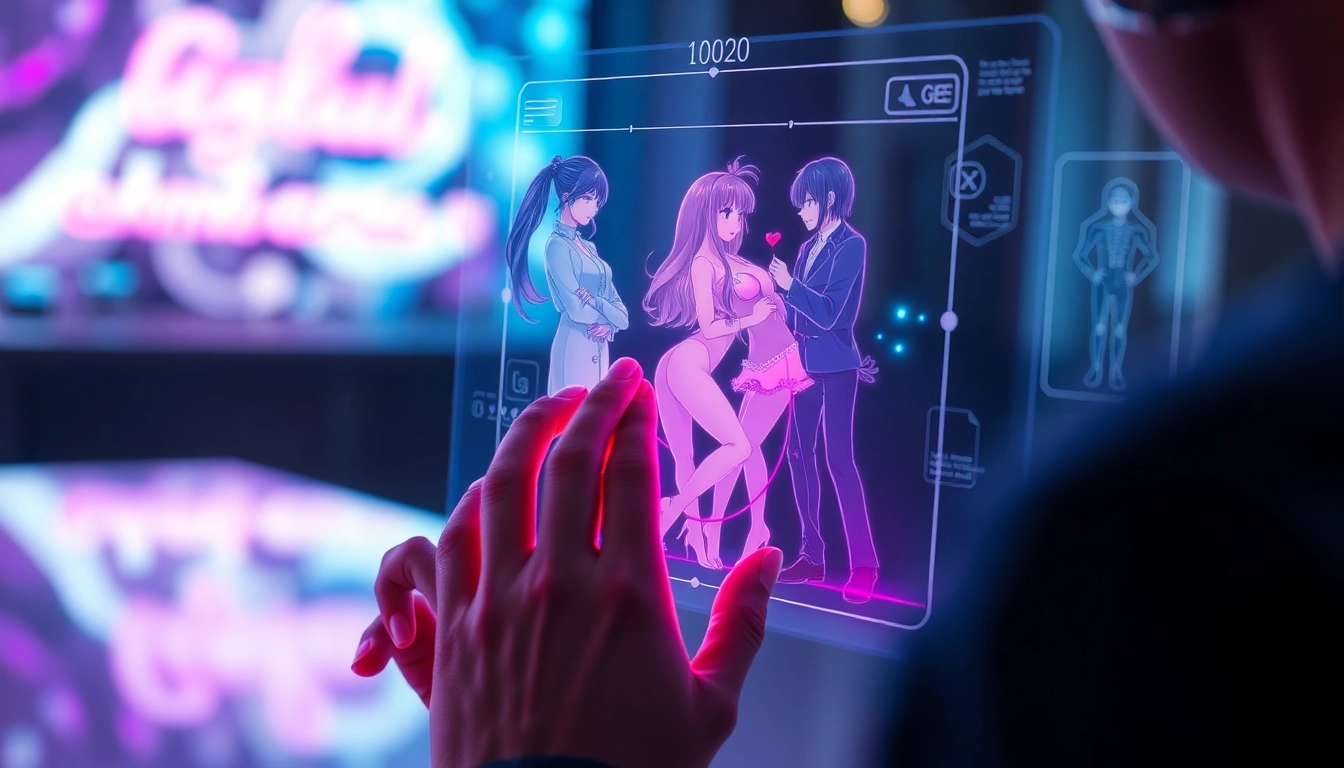 Futuristic holographic AI interface with anime-inspired adult characters in a high-tech setting.