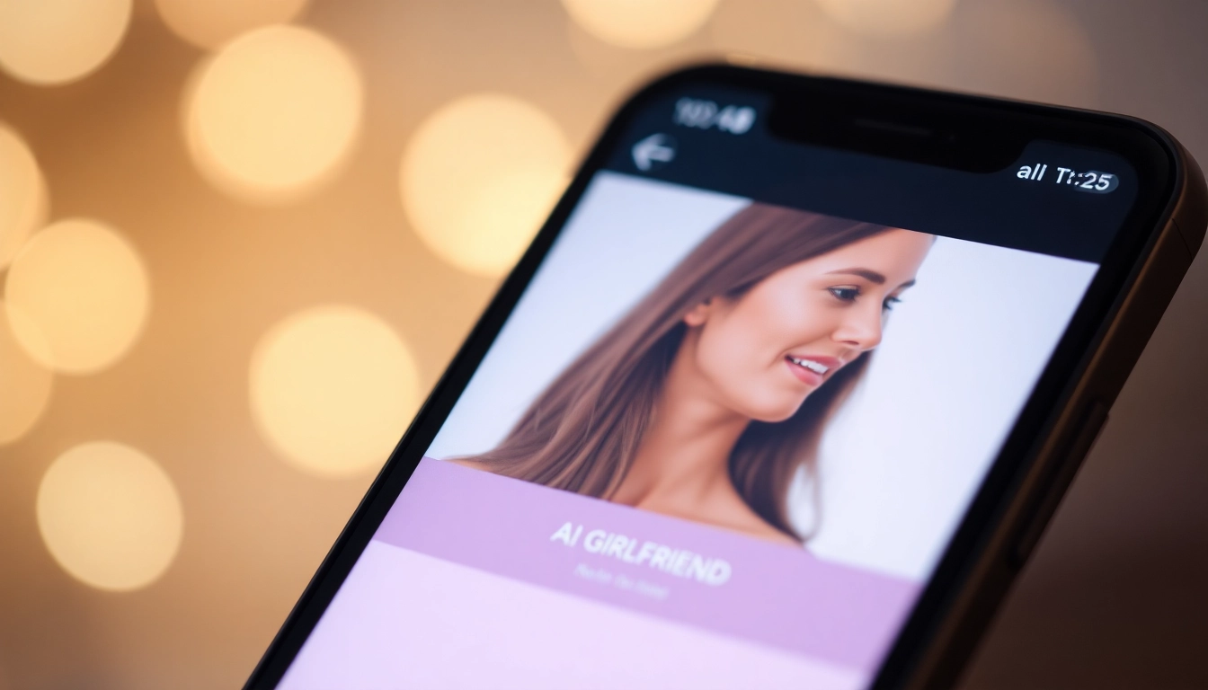 AI girlfriend app showcase featuring a realistic virtual partner engaging in a warm chat on a sleek device for immersive experiences.