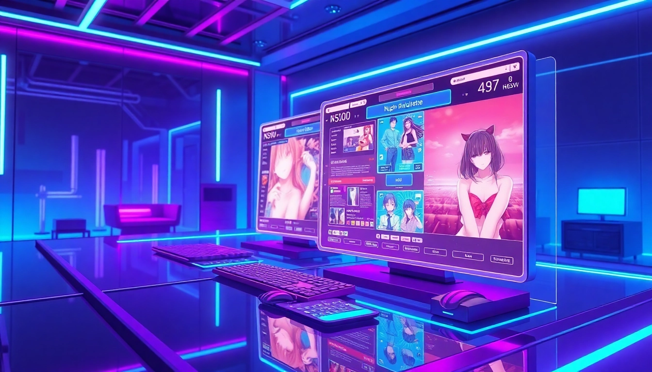 Futuristic AI interface showcasing customizable NSFW images and videos with holographic displays and neon lighting.