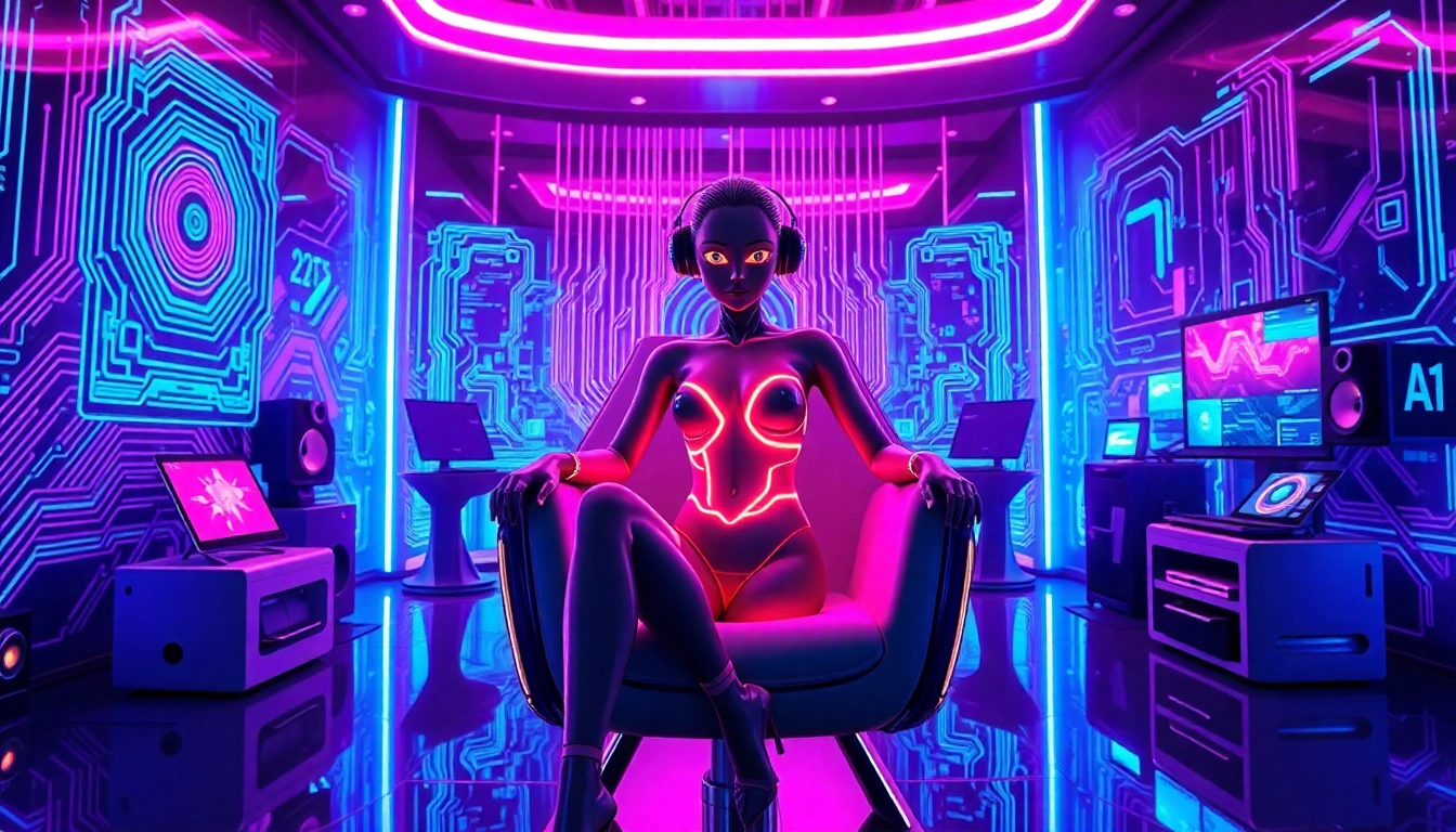 Futuristic digital scene with an AI character in a neon-lit high-tech environment