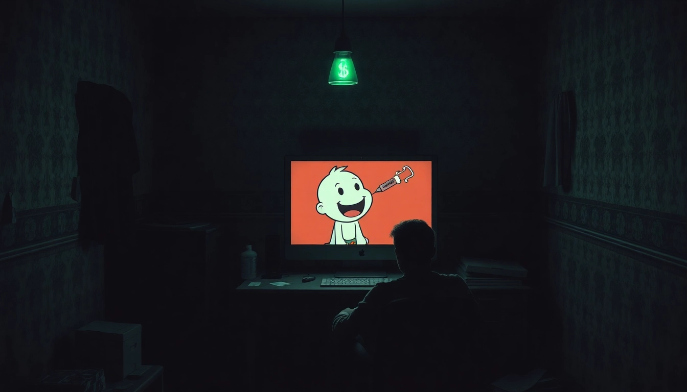 A dark, moody scene showing a person playing BLOODMONEY on a computer with Harvey suffering visibly on the screen, in a tense, unsettling atmosphere.