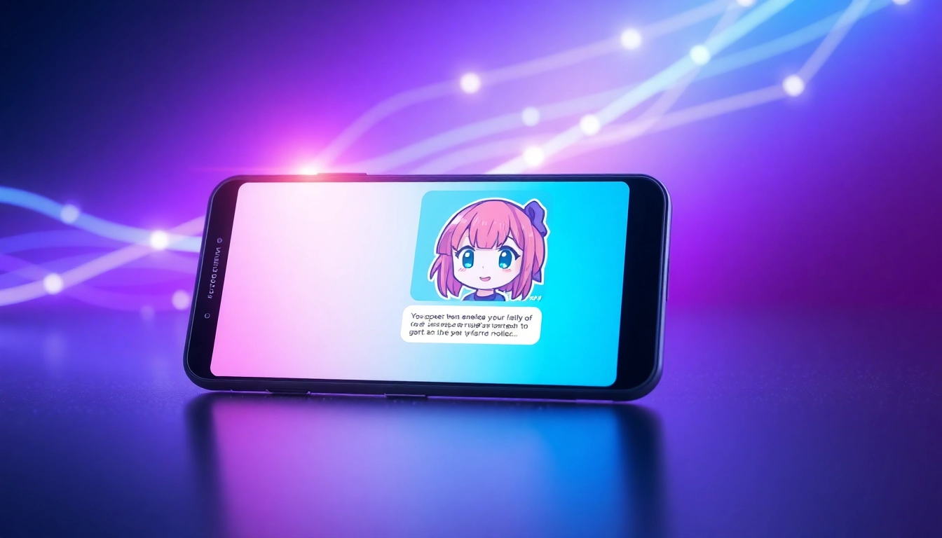 An AI chat interface on a smartphone showing a conversation with an anime-inspired AI character, with neon blue and purple background and glowing data lines.