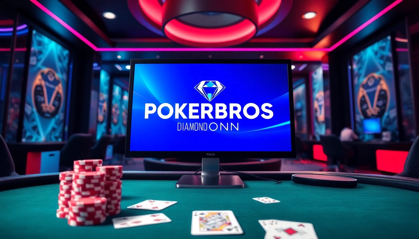 Pokerbros Diamond Union online poker club with players dealing cards and digital chips, emphasizing community and strategy