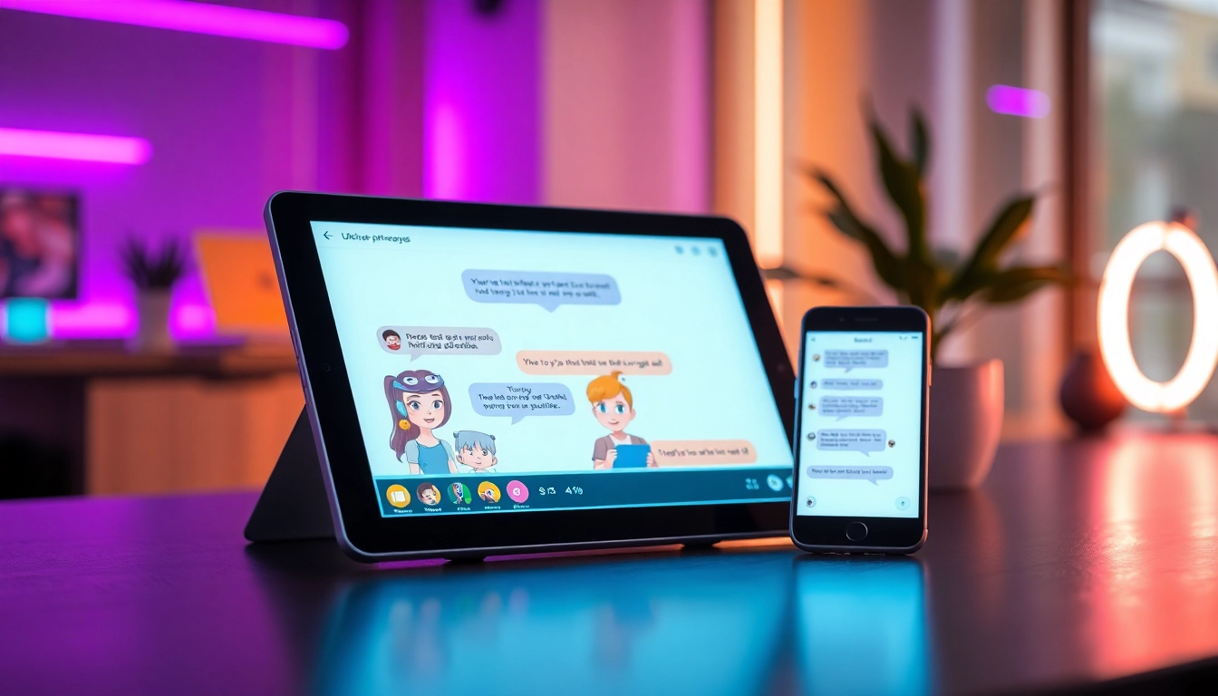Digital scene of AI chat characters on devices in a modern workspace with vibrant neon accents.