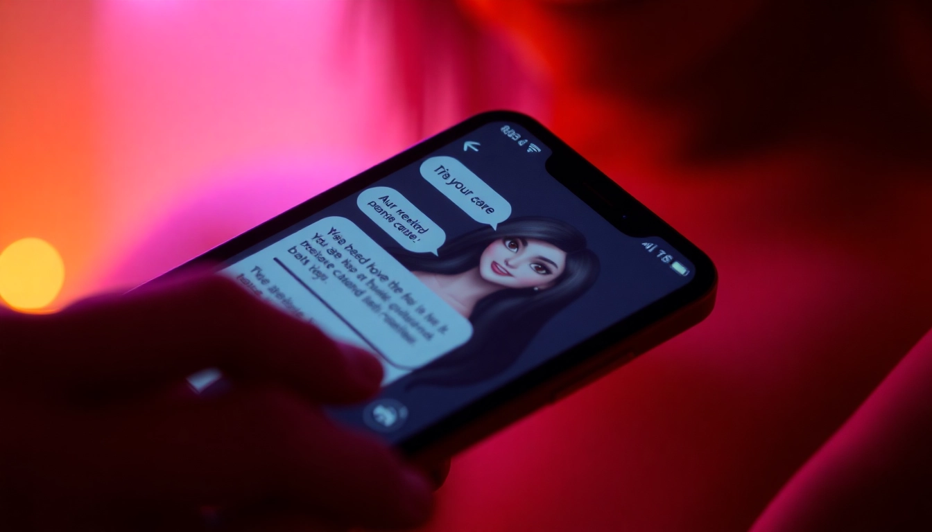 Smartphone displaying an intimate chat with a customizable AI character, glowing screen with seductive interface, warm blurred background.