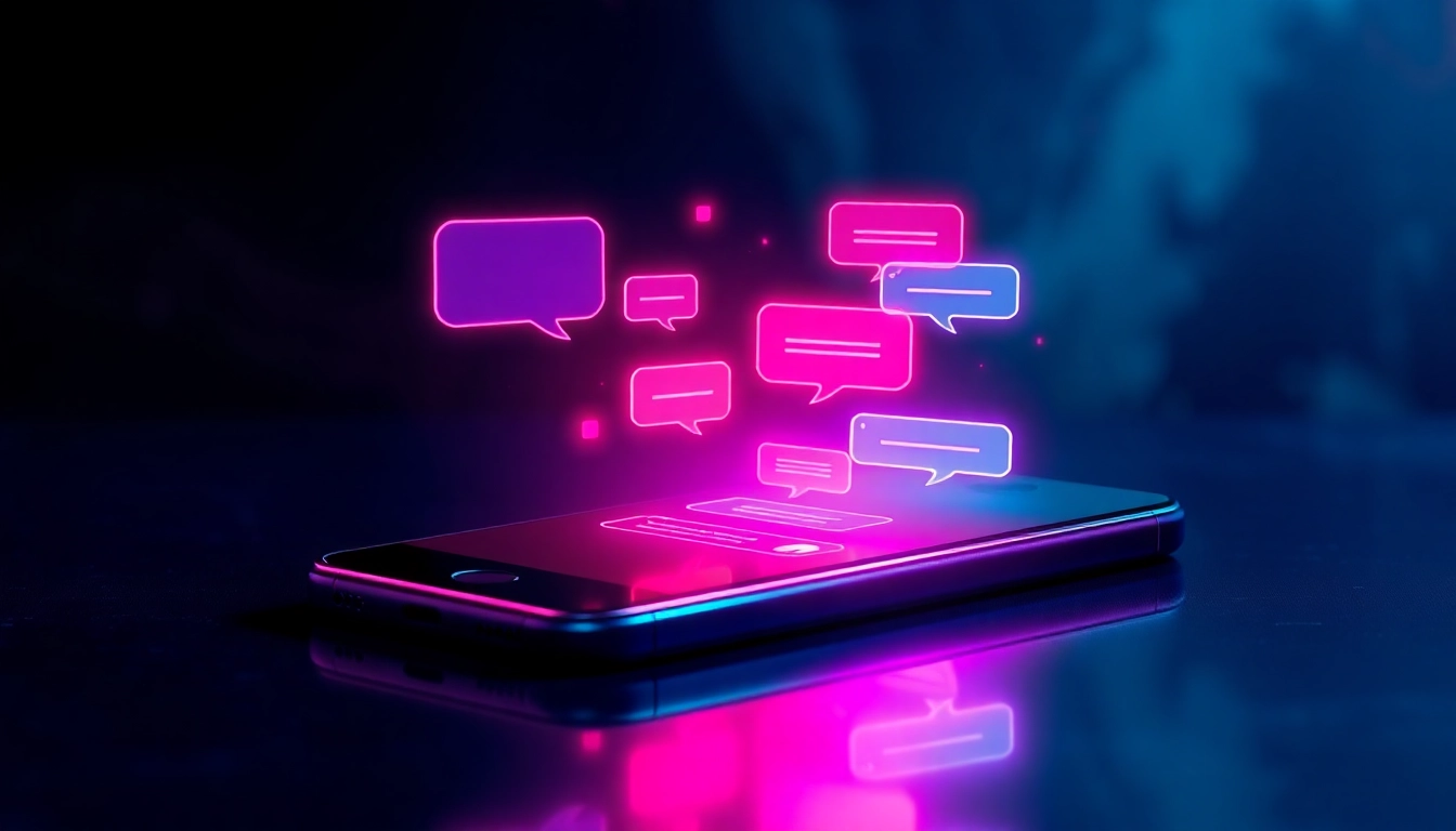 Futuristic smartphone displaying colorful, glowing chat bubbles with a seductive digital atmosphere.