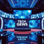 Tech Giants News updates displayed on digital screens in a modern newsroom, highlighting
