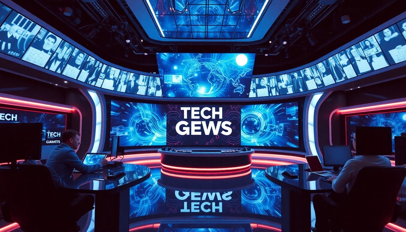 Tech Giants News updates displayed on digital screens in a modern newsroom, highlighting