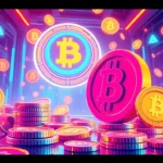 Action-packed scene illustrating Meme Coin Staking with glowing tokens and blockchain icons,
