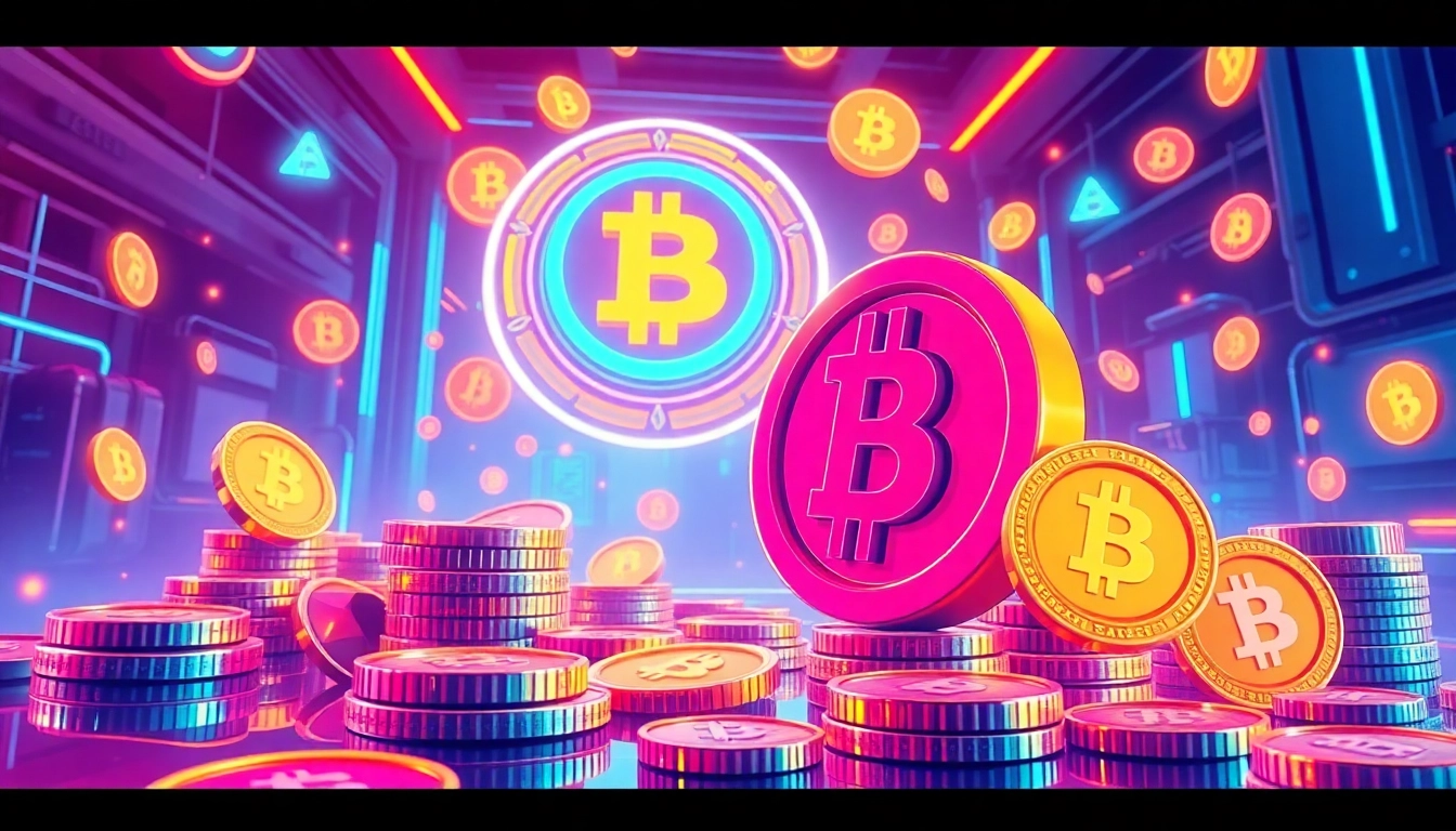 Action-packed scene illustrating Meme Coin Staking with glowing tokens and blockchain icons,