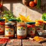 Colorful All In One Chutney jars depicted with fresh vegetables and spices for rich flavor and